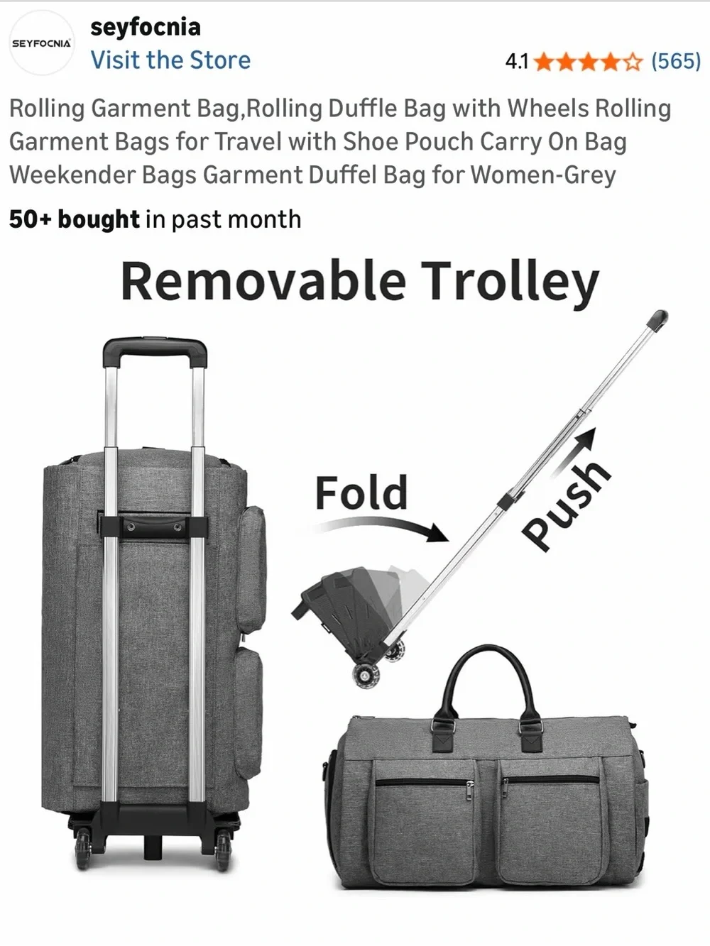 Seyfocnia Grey Rolling Garment Duffel Bag with Wheels